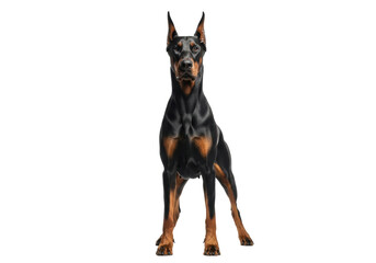 A majestic adult Doberman Pinscher dog, full-body, sleek black and tan fur, tensed muscles, standing alert in a high-key studio against a transparent background, emphasizing disciplined strength