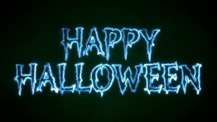 Happy Halloween animation with glowing blue text and lightning strike effects on green screen - Powered by Adobe