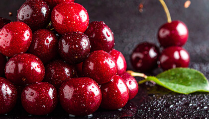 Wet Cherries with Reflections and Water Droplets