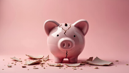 Cracked pink piggy bank on pink background. Financial crisis, debt, economic instability. Broken pieces scattered around represent loss of savings, financial insecurity. Suggests bankruptcy,