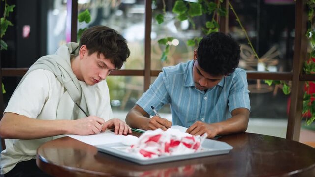Two colleagues bend over desk intensely drawing varied sketches on paper while hands guide pencils and pens in focused creative session within bright modern office studio environment atmosphere vibe
