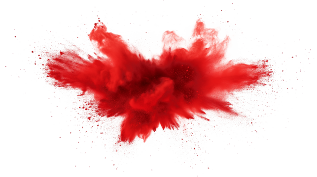 vibrant red paint explosion on white background, dynamic red powder splash PNG