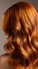 Fototapeta premium Fiery red wavy hair flows, back view. Captures elegant texture & rich color