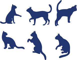 Flat black cat icon set in silhouette style. Versatile vector for Halloween, pet shop branding, or digital artwork use.