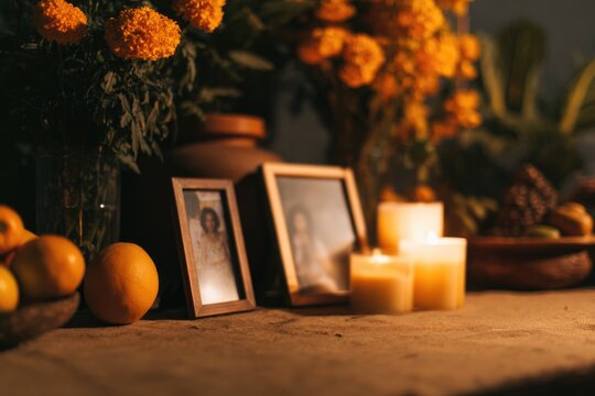 Warm autumn ambiance with candles, marigolds, and cherished fami