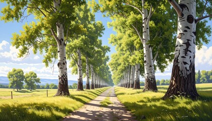 Fototapeta premium A picturesque pathway winds through a vibrant row of birch trees under a brilliant summer sky.