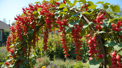 Scarlet Runner Bean Vines twisting up a metal arch, their deep red tubular flowers blooming in full display under the bright sunlight, offering a bold contrast to the greenery.