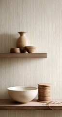Beige textured wall, wooden shelves, ceramic vessels