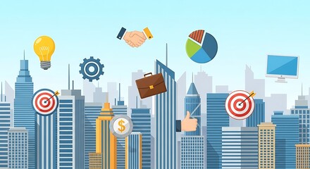 Metropolitan business illustration with iconic symbols representing strategy and success in a cityscape backdrop