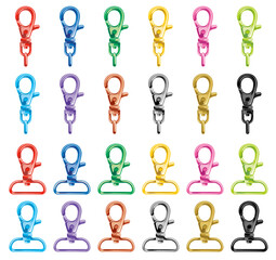 レバー付きナスカン12色カラーバリエーションセット｜推し活・グッズ用パーツベクター(Lever snap hook 12 color variations set vector — colorful keychain clips for fan merch & events)