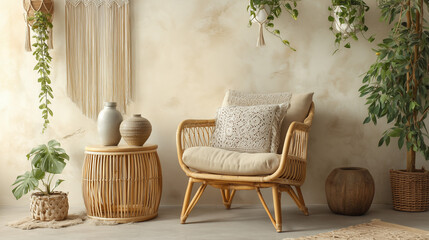Stylish bohemian living room with rattan armchair and plants
