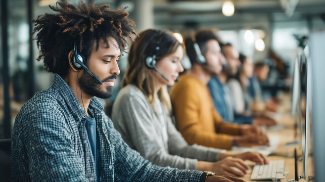 Customer support team working with headsets in modern office
