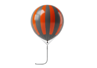 Large, spherical dark grey weather balloon with bright orange reflective stripes, tethered by cable, on a transparent studio background with copy space. Scientific precision concept