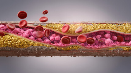 3D illustration of artery clogged with cholesterol plaque and blood cells
