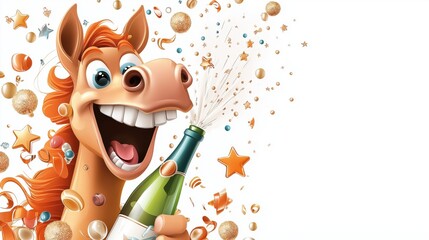 Cheerful cartoon horse celebrating with champagne and confetti at a joyful party