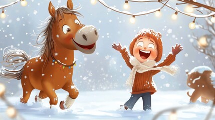 Joyful winter scene with a cartoon boy and a horse celebrating in the snow under festive lights