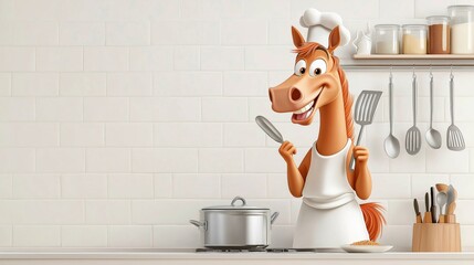 Cartoon horse chef cooking in a minimalist kitchen with utensils and pots in a cozy atmosphere