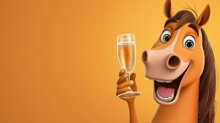 Cheerful horse enjoying a toast with sparkling drink against a warm orange backdrop at a celebration event