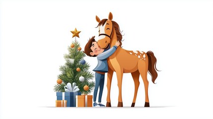 Child joyfully hugs a horse beside a decorated Christmas tree with colorful presents during the holiday season