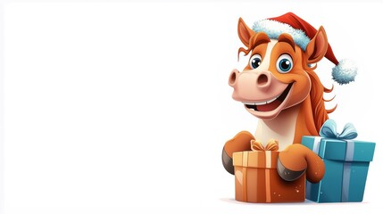 Cute horse wearing a Santa hat holds colorful gift boxes in a cheerful winter setting