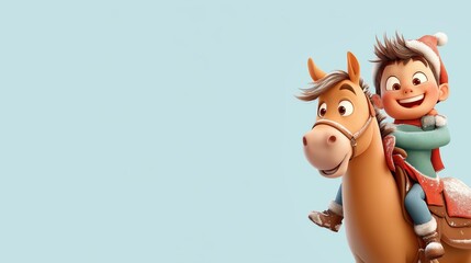 Cheerful child riding a horse in a playful winter landscape with a clear blue background