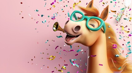 Happy celebration with a cheerful horse blowing a party horn in a festive atmosphere