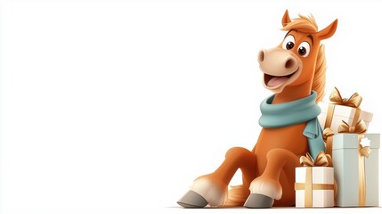 Happy horse with gifts in a cheerful setting enjoying a festive atmosphere, perfect for celebrating special occasions