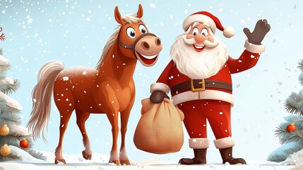 Cheerful Santa Claus and friendly horse spreading joy in a snowy landscape