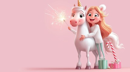 Cheerful girl riding a unicorn and celebrating joyfully with presents in a minimalist style