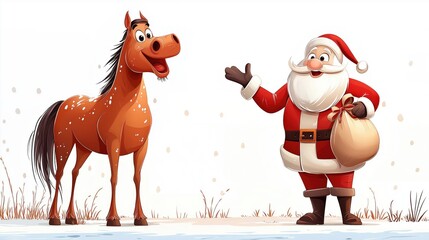 Smiling horse and cheerful figure in festive attire share a joyful moment in a snowy landscape during holiday season