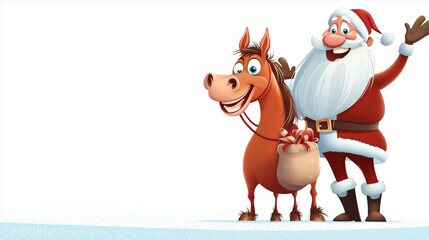 Smiling Santa Claus with cheerful horse in a snowy landscape celebrating the holiday season