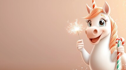 Cute minimalist vector illustration of a smiling unicorn holding a sparkler and a candy cane against a warm backdrop