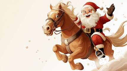 Cheerful Santa Claus riding a brown horse through a snowy landscape during the festive holiday season