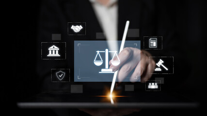 Legal compliance and governance concept showing justice scale, courthouse, contract, policy,...