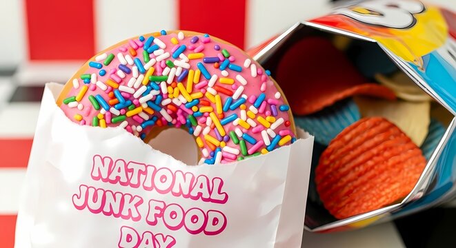 National junk food day celebration featuring a colorful sprinkled donut and assorted crispy snacks