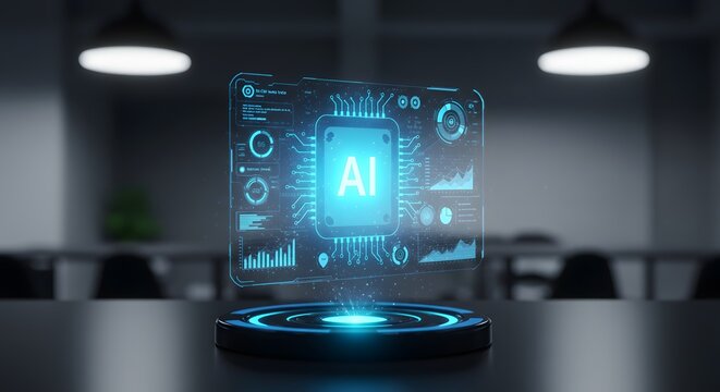 Holographic ai interface with data charts and cpu on a circular platform in a modern office space
