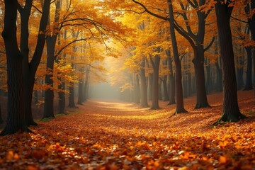 Fototapeta premium Golden autumn forest path bathed in warm sunlight