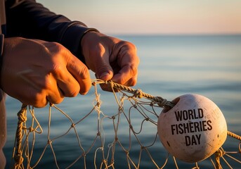 World fisheries day celebration: hands tying fishing nets at sunrise over calm ocean waters