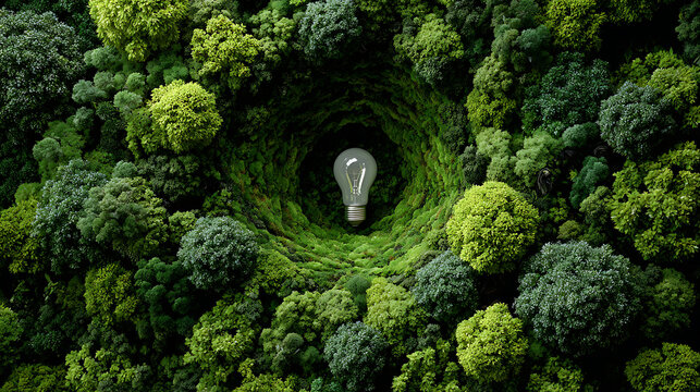 glowing light bulb placed inside spiral forest clearing representing green energy concept