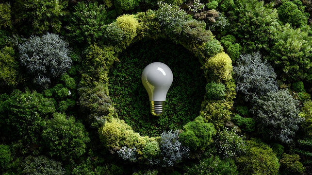 glowing light bulb placed inside spiral forest clearing representing green energy concept