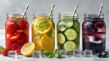 Four Mason Jars of Assorted Fruit and Herb Infused Detox Water