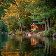 Obraz premium Cozy lakeside cabin bathed in warm sunlight, reflected in still water surrounded by fall foliage