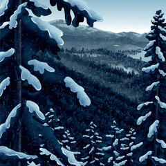 Winter landscape in the mountains flat illustration