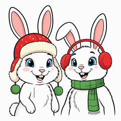 Two Adorable Bunnies Wearing Winter Gear