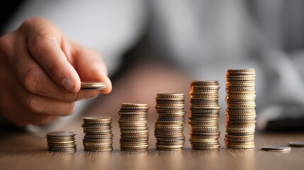 Busy Businessman Adding Coin to Stacked Coins on Modern Desk, Showcasing Growth and Financial Success Ideal for Marketing and Business Presentations, Evoking a Sense of Ambition and.