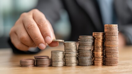 Businessman Meticulously Stacking Coins on Desk Showcasing Determination and Growth, Perfect for Financial or Motivational Projects.