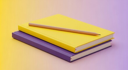 Yellow and Purple Notebooks with Pencil on Gradient Background