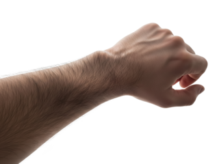 Male hairy hand and forearm extended in partial fist gesture, highlighting skin texture, strength, anatomy, natural posture. perfect posture for wristwatch display mockup