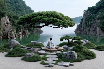 Person meditating in peaceful Japanese Zen garden overlooking calm lake and cliffs, surrounded by bonsai trees and nature, serene mindfulness and spiritual landscape concept