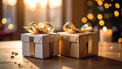 Two gift boxes on a table, bathed in warm sunlight, festive background